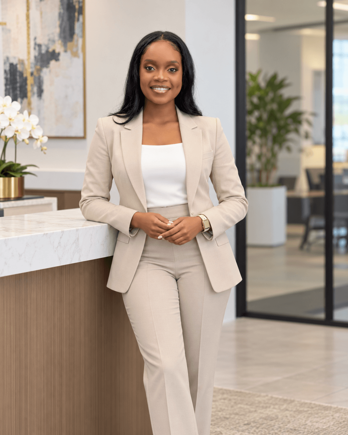 Princess Joy Daphne Mirembe Ssuuna, Secretary and Director of Operations, wearing a cream suit