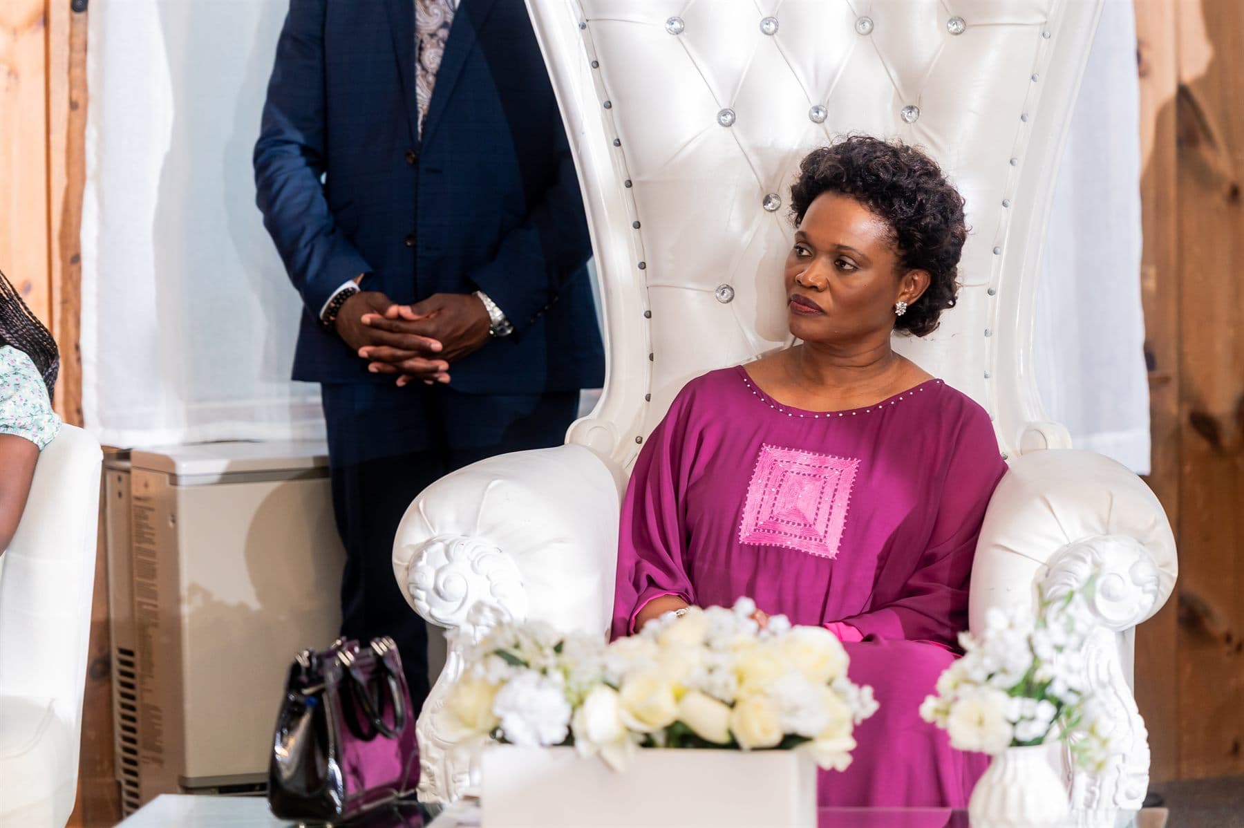 Her Royal Highness the Nnaabagereka listening attentively to a young woman speaking before her